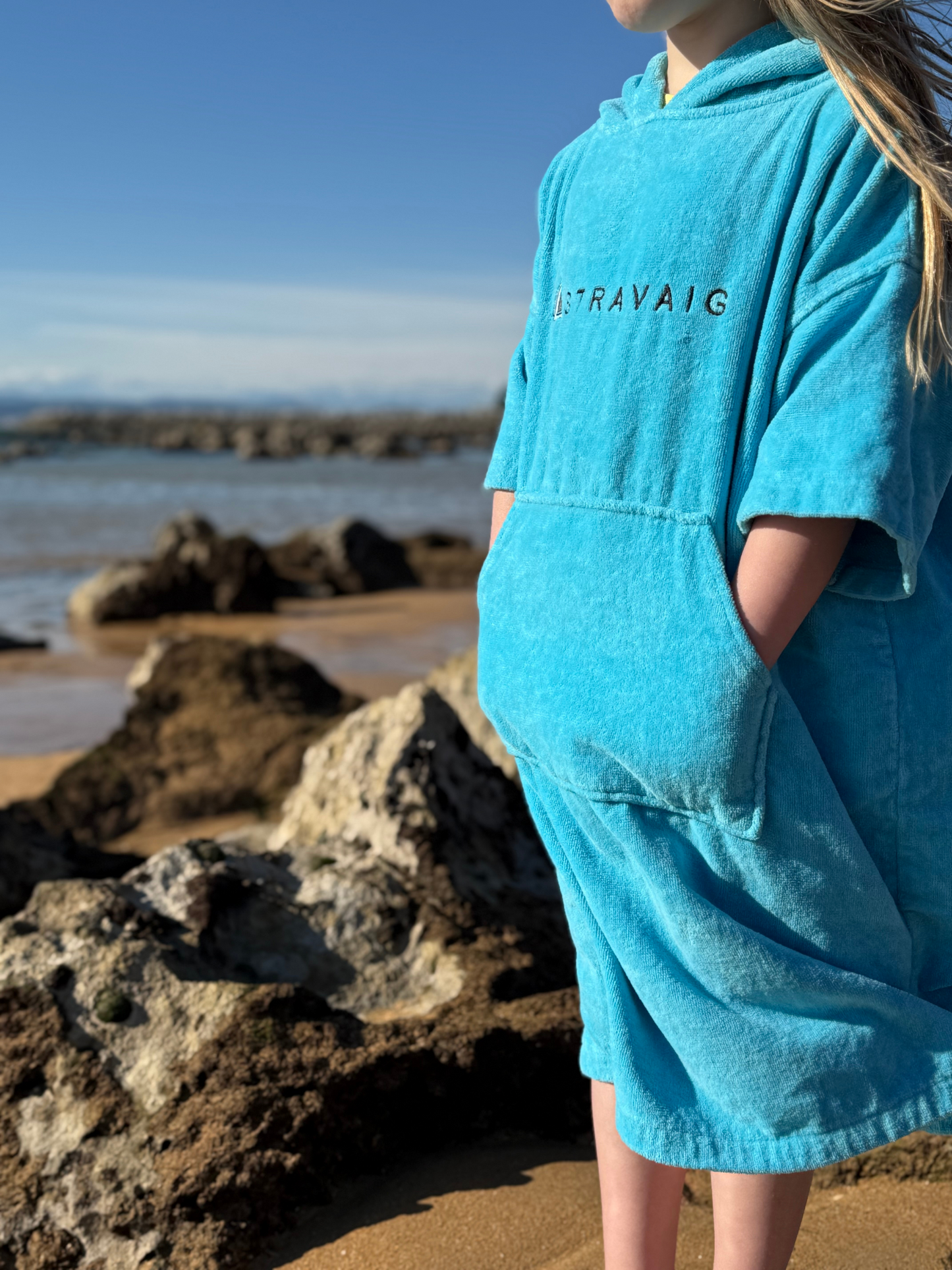 Kids Hooded Towelling Robe | Quick-Dry Towel Poncho for Beach & Swim - SKY BLUE