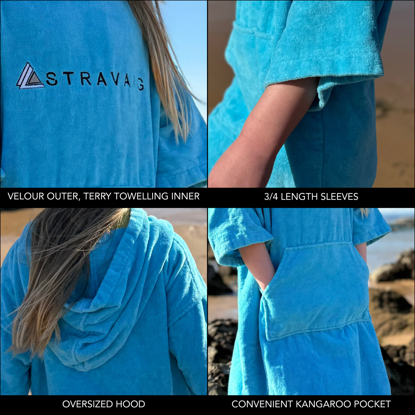 Kids Hooded Towelling Robe | Quick-Dry Towel Poncho for Beach & Swim - SKY BLUE