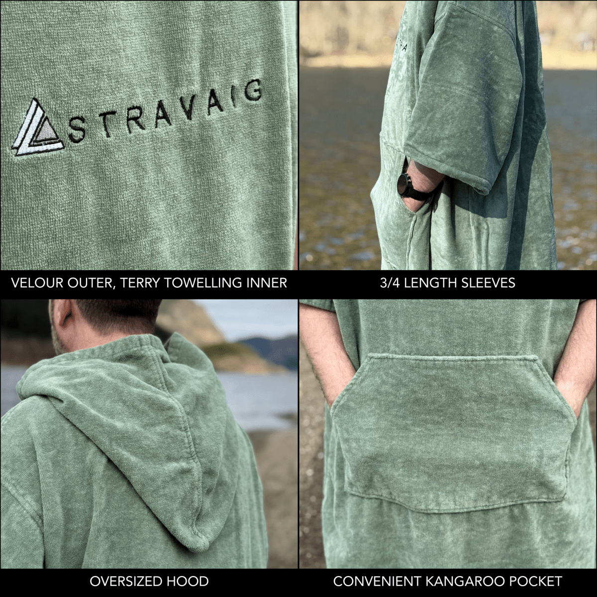 Adult Hooded Towelling Robe | Quick - Dry Towel Poncho for Beach & Swim - GREEN - Stravaig