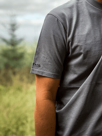 Close-up of the Stravaig sleeve print on the Haar Grey mens t-shirt