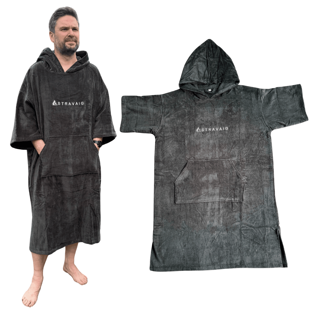 Man wearing a Sgàil Grey Stravaig adult towel poncho, displayed with an open poncho on a white background.