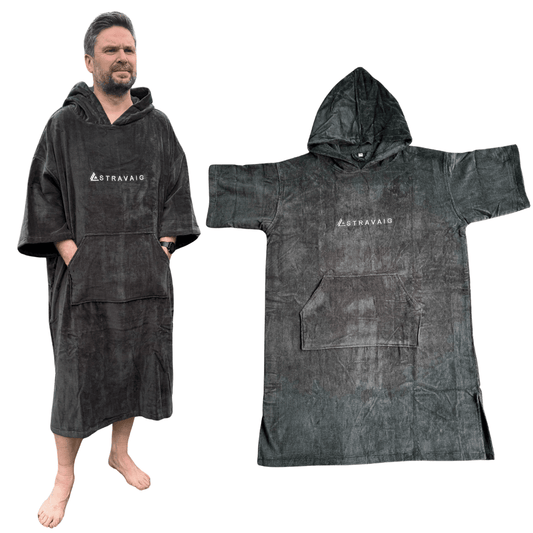 Man wearing a Sgàil Grey Stravaig adult towel poncho, displayed with an open poncho on a white background.
