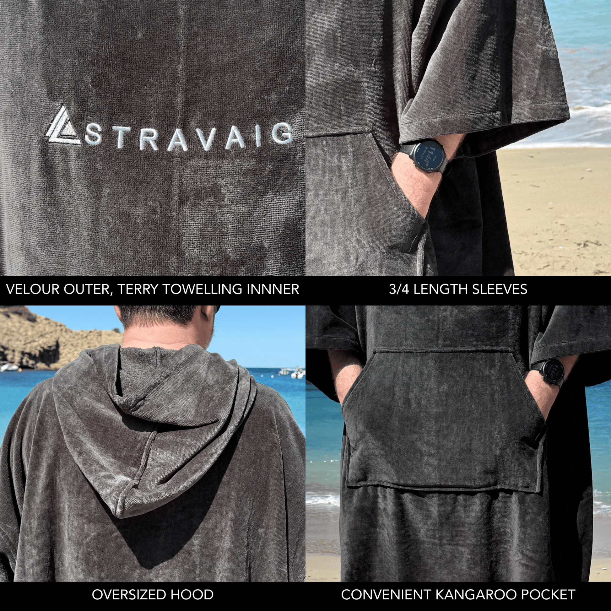 4 infographics showcasing the material, sleeve length, hood and pocket of the Stravaig Sgàil Grey changing towel