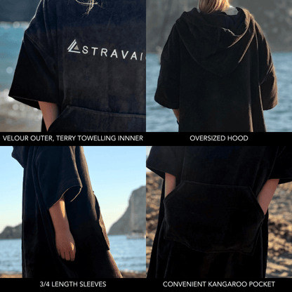 4 infographics highlighting the key features of the Stravaig Sgàil Grey kids changing robe towel.