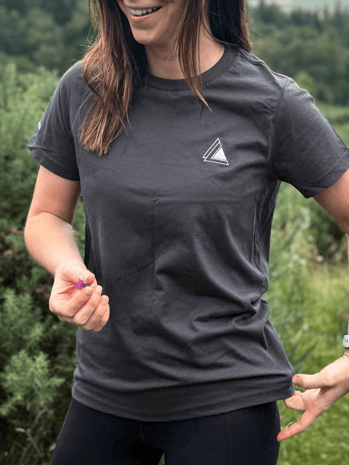 Front view of the Stravaig Womens Everyday Trail T-Shirt in Sgàil Grey with embroidered chest logo